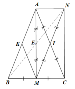 Cho \[\Delta ABC\] cân tại \[A,\] trung tuyến \[AM,\;\] \[I\] là trung điểm \[AC.\] Gọi \[N\] là điểm đối xứng của \[M\] qua \[I\]. a) Tứ giác \[AMCN\] là hình gì? Vì sao? b) Gọi \[E\] là trung điểm \[AM.\] Chứng minh \[E\] là trung điểm \[BN.\] c) Gọi \(K\) là trung điểm của \(AB.\) Tìm điều kiện của \[\Delta ABC\] để tứ giác \[AKMI\] là hình vuông.  (ảnh 1)