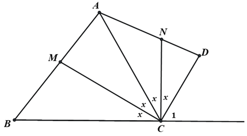 Cho hình vẽ, biết \[\widehat B + \widehat D = 135^\circ \,,\,\,\widehat {BAD} = \frac{{7x}}{2}\].   Tính số đo \[\widehat {{C_1}}\] (đơn vị: độ). (ảnh 1)