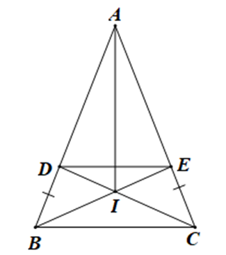 	5.1. Cho tam giác \(ABC\) có \(\widehat {BAC} = 60^\circ \). Tia phân giác của góc \(B\) cắt \(AC\) ở \(D\). Tia phân giác của góc \(C\) cắt \(AB\) ở \(E;\) \(BD\) và \(CE\) cắt nhau ở \(M.\) Hỏi số đo \(\widehat {EMD}\) bằng bao nhiêu độ? 	5.2.	Cho tam giác \[ABC\] cân tại \(A\). Lấy điểm \(D\) trên cạnh \(AC\), điểm \(E\) trên cạnh \(AC\) sao cho \(BD = CE\).  	a) Chứng minh \(AD = AE\) và \(\Delta ABE = \Delta ACD\). 	b) Chứng minh \[\Delta ABI = \Delta ACI\], từ đó suy ra \[AI\] là đường phân giác của góc \[BAC\]. 	c) Tìm vị trí của hai điểm \[D\] và \[E\] sao cho \[BD = DE = EC\]. Khi đó tìm vị trí của điểm \(I.\) (ảnh 2)