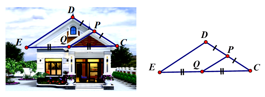 1. Để thiết kế mặt tiền cho căn nhà cấp bốn mái thái, sau khi xác định chiều dài mái \[PQ = 1,5\,\,{\rm{m}}.\] Chú thợ nhẩm tính chiều dài mái \[DE\] biết \[Q\] là trung điểm \[EC,{\rm{ }}P\] là trung điểm của \[DC.\] Tính giúp chú thợ xem chiều dài mái \[DE\] bằng bao nhiêu (xem hình vẽ minh họa)?  2. Cho tam giác \[ABC\] nhọn \[\left( {AB < AC} \right)\] có hai đường cao \[BE,{\rm{ }}CF\] cắt nhau tại \[H.\]  a) Chứng minh: .  b) Chứng minh: \(AF \cdot AB = AE \cdot AC\).  c) Đường thẳng qua \[B\] và song song với \[EF\] cắt \[AC\] tại \[M.\] Gọi \[I\] là trung điểm của \[BM,{\rm{ }}D\] là giao điểm của \[EI\] và \[BC.\] Chứng minh ba điểm \[A,{\rm{ }}H,{\rm{ }}D\] thẳng hàng. (ảnh 1)