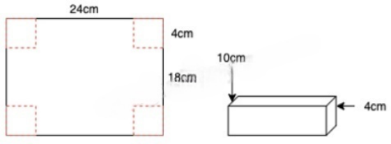 Một tấm bìa hình chữ nhật có chiều dài bằng 24cm, chiều rộng bằng 18cm, người ta cắt đi bốn hình vuông có cạnh 4cm ở bốn góc rồi gấp thành một hình hộp chữ nhật không có nắp. Tính thể tích của hình hộp chữ nhật đó. (ảnh 1)