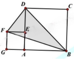  Cho hai hình vuông ABCD và AEFG như hình vẽ bên, biết cạnh của hình vuông ABCD là 12 cm. Tính diện tích tam giác BDF. (ảnh 1)