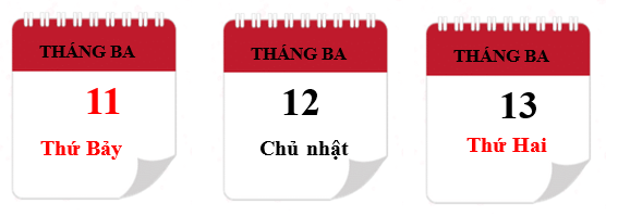 Bạn Hà xé 3 tờ lịch liền nhau và xếp theo thứ tự từ trái sang phải, viết tiếp vào chỗ chấm cho thích hợp. (ảnh 2)