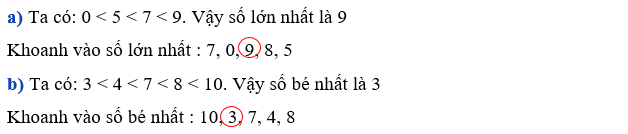 Số?  a) Khoanh vào số lớn nhất : 7, 0, 9, 8, 5 (ảnh 1)