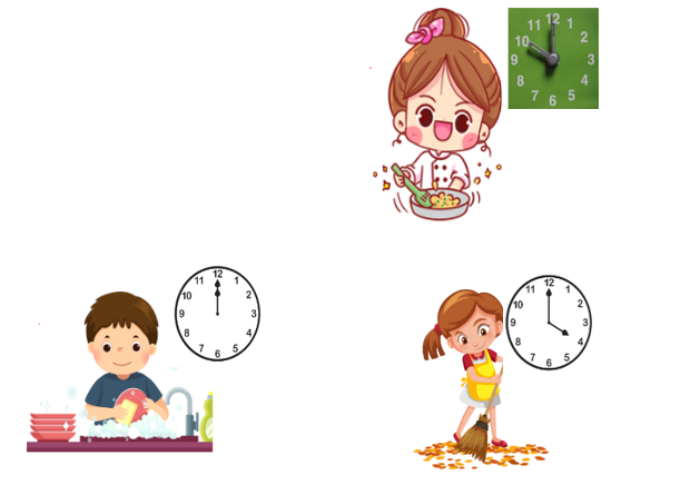 Quan sát tranh, viết tiếp vào chỗ trống cho thích hợp: Bạn Hà nấu ăn lúc ... giờ.	 Bạn Nam rửa bát lúc ... giờ.	 Bạn My quét sân lúc ... giờ. (ảnh 1)