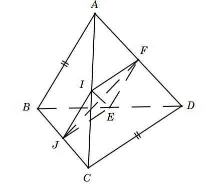 Cho tứ diện ABCD có AB = CD. Gọi I, J, E, F lần lượt là trung điểm của AC, BC, BD, AD. Góc (IE, JF) bằng   (ảnh 1)
