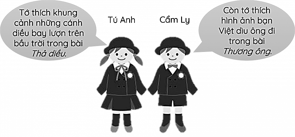 Hai bạn học sinh trong hình ảnh sau nhắc đến hai bài tập đọc nào? (ảnh 1)