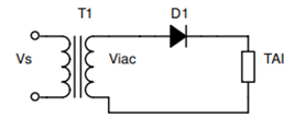 Cho sơ đồ chỉnh lưu 1 pha nửa chu kỳ dùng diode như vẽ. Điện áp xoay chiều phía thứ cấp MBA là viac = 220\[\sqrt 2 \]sin100πt (V) Giá trị điện áp chỉnh lưu trung bình là (ảnh 1)