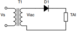 Cho sơ đồ chỉnh lưu 1 pha nửa chu kỳ dùng diode như vẽ. Điện áp xoay chiều phía thứ cấp MBA là viac = 220\[\sqrt 2 \]sin100πt (V) tải thuần trở R = 10Ω, giá trị dòng điện trung bình qua diode (ảnh 1)