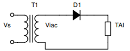 Cho sơ đồ chỉnh lưu 1 pha nửa chu kỳ dùng diode như vẽ. Điện áp xoay chiều phía thứ cấp MBA là viac = 220\[\sqrt 2 \]sin100πt (V) tải thuần trở R = 10Ω. Công suất chỉnh lưu trung bình trên tả (ảnh 1)