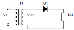Cho sơ đồ chỉnh lưu 1 pha nửa chu kỳ dùng diode như vẽ. Điện áp xoay chiều phía thứ cấp MBA là viac = 220\[\sqrt 2 \]sin100πt (V). Điện áp ngược lớn nhất mà diode phải chịu là: (D) (ảnh 1)