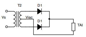 Cho sơ đồ chỉnh lưu 1 pha 2 nửa chu kỳ hình tia dùng diode như vẽ. Điện áp xoay chiều phía thứ cấp MBA là viac = 220\[\sqrt 2 \]sin100πt (V). Giá trị điện áp chỉnh lưu trung bình của mạch chỉ (ảnh 1)