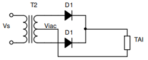 Cho sơ đồ chỉnh lưu 1 pha 2 nửa chu kỳ hình tia nửa chu kỳ dùng diode như vẽ. Điện áp xoay chiều phía thứ cấp MBA là viac = 220\[\sqrt 2 \]sin100πt (V). Tải trở thuần R = 200Ω, Giá trị trung  (ảnh 1)