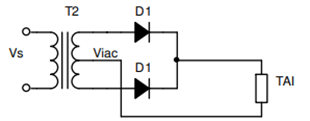 Cho sơ đồ chỉnh lưu 1 pha 2 nửa chu kỳ hình tia nửa chu kỳ dùng diode như vẽ. Điện áp xoay chiều phía thứ cấp MBA là viac = 220\[\sqrt 2 \]sin100πt (V). Tải trở thuần R = 200Ω, Nhiệt lượng tr (ảnh 1)