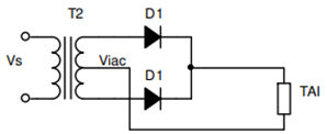 Cho sơ đồ chỉnh lưu 1 pha 2 nửa chu kỳ hình tia nửa chu kỳ dùng diode như vẽ. Điện áp xoay chiều phía thứ cấp MBA là viac = 220\[\sqrt 2 \]sin100πt (V). Điện áp ngược lớn nhất mà diode phải c (ảnh 1)