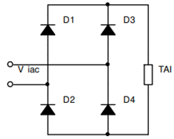 Cho sơ đồ chỉnh lưu cầu 1 pha dùng diode như hình vẽ . Điện áp xoay chiều phía thứ cấp MBA là viac = 220\[\sqrt 2 \]sin100πt (V). Dòng điện qua tải thuần trở là 2,41A. Điện áp chỉnh lưu trung (ảnh 1)