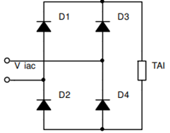 Cho sơ đồ chỉnh lưu cầu 1 pha dùng diode như hình vẽ. Điện áp xoay chiều phía thứ cấp MBA là viac = 220\[\sqrt 2 \]sin100πt (V). Dòng điện chỉnh lưu trung bình qua tải thuần trở là 2,41A. Giá (ảnh 1)