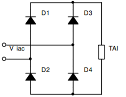 Cho sơ đồ chỉnh lưu cầu 1 pha dùng diode như hình vẽ. Điện áp xoay chiều phía thứ cấp MBA là viac = 220\[\sqrt 2 \]sin100πt (V). Dòng điện chỉnh lưu trung bình qua tải thuần trở là 2,41A. Côn (ảnh 1)