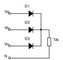 Cho sơ đồ chỉnh lưu hình tia 3 pha dùng diode như hình vẽ. Giá trị biên độ điện áp pha xoay chiều phía thứ cấp MBA là U2m = 220 V. Tải thuần trở R = 220 Ohm. Giá trị trung bình của dòng điện (ảnh 1)
