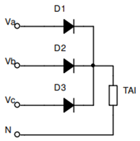Cho sơ đồ chỉnh lưu hình tia 3 pha dùng diode như hình vẽ. Giá trị biên độ điện áp pha xoay chiều phía thứ cấp MBA là U2m = 220 V. Tải thuần trở R = 220 Ohm. Giá trị trung bình của công suất  (ảnh 1)