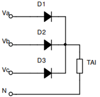 Cho sơ đồ chỉnh lưu hình tia 3 pha dùng diode như hình vẽ. Giá trị biên độ điện áp pha xoay chiều phía thứ cấp MBA là U2m = 220 V. Tải thuần trở R = 220 Ohm. Giá trị cực đại của điện áp ngược (ảnh 1)