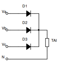 Cho sơ đồ chỉnh lưu hình tia 3 pha dùng diode như hình vẽ. Giá trị biên độ điện áp pha xoay chiều phía thứ cấp MBA là V2m = 220 V. Tải thuần trở R = 220 Ohm. Giá trị trung bình của dòng điện  (ảnh 1)