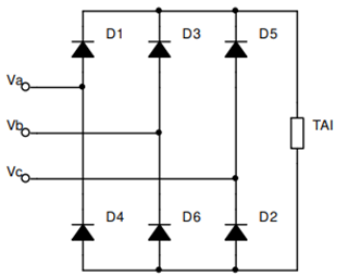 Cho sơ đồ chỉnh lưu cầu 3 pha dùng diode như hình vẽ. Giá trị biên độ điện áp pha xoay chiều phía thứ cấp MBA là U2m = 311 V. Tải thuần trở. Giá trị trung bình của điện áp chỉnh lưu là (ảnh 1)