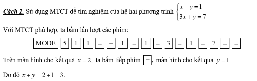 Cho hệ phương trình { x − y = 1 3 x + y = 7 có nghiệm ( x ; y ) . Tính tổng x + y . (ảnh 1)