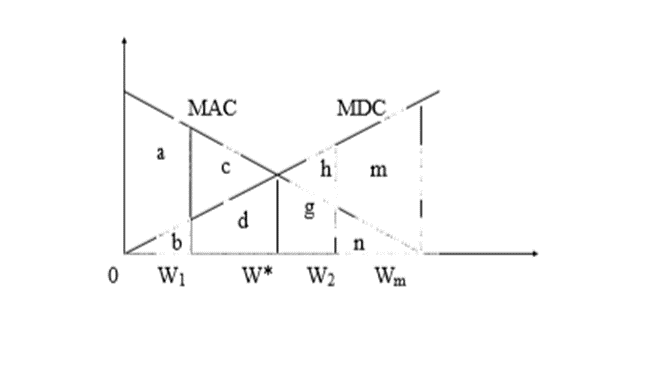 Cho hình vẽ, tại W1 thì chi phí của xã hội do ô nhiễm gây ra TSC1 bằng  (ảnh 1)