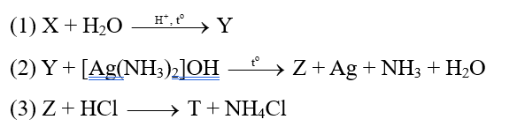 Cho sơ đồ phản ứng sau:(1) X + H2O  Y(2) Y + [Ag(NH3)2]OH  Z + Ag + NH3 + H2O(3) Z + HCl  T + NH4ClX là carbohydrate được tạo thành từ quá trình quang hợp của cây xanh. a) Khối lượng phân tử  (ảnh 1)