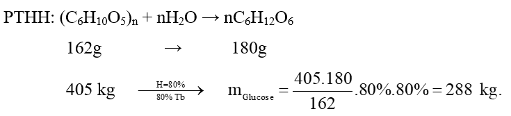 Từ 405 kg tinh bột (chứa 20% tạp chất trơ) sản xuất được m kg glucose với hiệu suất toàn bộ quá trình là 80%. Giá trị của m là bao nhiêu? (ảnh 1)