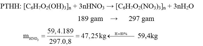 Thể tích của dung dịch nitric acid 63% (D = 1,4 g/mL) cần vừa đủ để sản xuất được 59,4 kg cellulose trinitrate (hiệu suất 80%) là bao nhiêu lít? (ảnh 1)