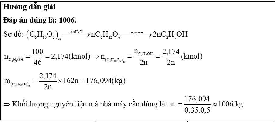 Để sản xuất ethyl alcohol, người ta dùng nguyên liệu là mùn cưa và vỏ bào từ gỗ chứa 50% cellulose. Nếu muốn điều chế 100 kg ethyl alcohol, hiệu suất quá trình là 35%, thì khối lượng nguyên l (ảnh 1)