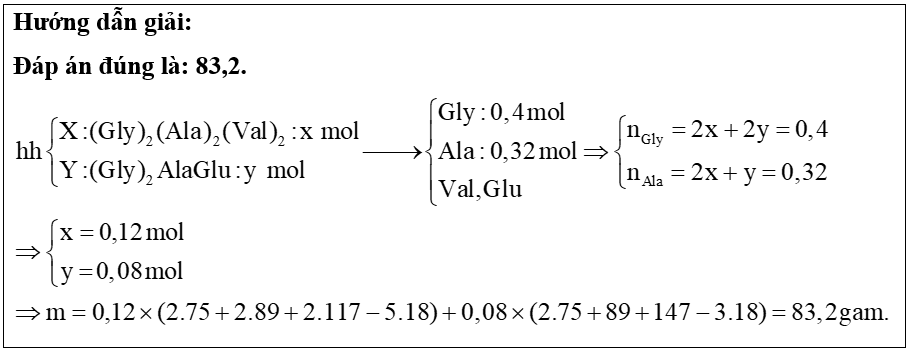 Cho X là Ala-Gly-Ala-Val-Gly-Val và Y là Gly-Ala-Gly-Glu. Thủy phân hoàn toàn m gam hỗn hợp gồm X và Y thu được 4 amino acid, trong đó có 30 gam glycine và 28,48 gam alanine. Giá trị của m là (ảnh 1)