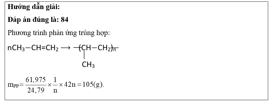 Trùng hợp hoàn toàn 61,975 lít khí CH3−CH=CH2 (đkc) thì thu được m gam polypropylene (nhựa PP). Giá trị của m là bao nhiêu gam? Biết hiệu suất của phản ứng trùng hợp là 80%. (ảnh 1)