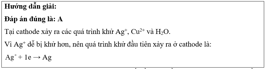 Khi điện phân dung dịch gồm Cu(NO3)2 0,1 M và AgNO3 0,1 M, quá trình khử đầu tiên xảy ra ở cathode là (ảnh 1)
