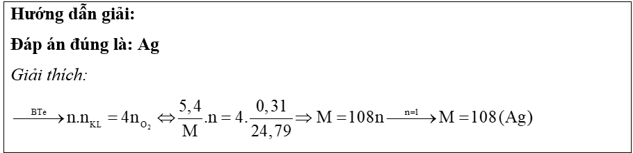  Điện phân dung dịch M(NO3)n (điện cực trơ, cường độ dòng điện không đổi), ở cathode chỉ thu được 5,4 g kim loại M và ở anode thu được 0,31 lít khí (đkc). Kim loại M là? (ảnh 1)