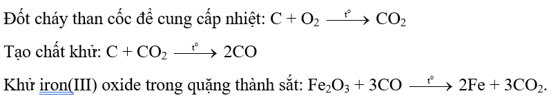 Xét các phản ứng chính xảy ra trong quá trình luyện gang trong lò cao từ nguyên liệu là quặng hematite và than cốc: Đốt cháy than cốc để cung cấp nhiệt: C + O2 CO2Tạo chất khử: C + CO2 2COKhử (ảnh 1)