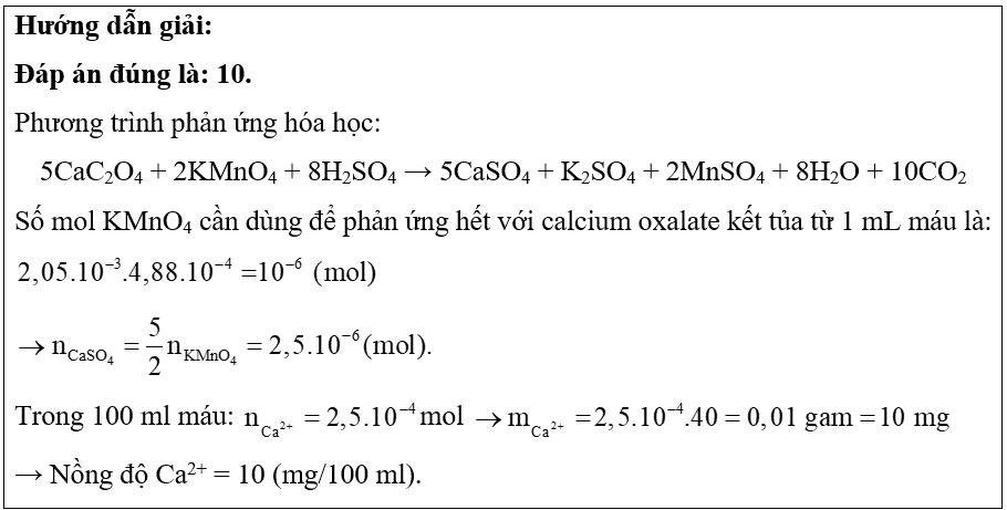 Ion Ca2+ cần thiết cho máu của người hoạt động bình thường. Nồng độ ion Ca2+ không bình thường là dấu hiệu của bệnh để xác định nồng độ ion Ca2+ người ta lấy mẫu máu, sau đó kết tủa ion Ca2+ (ảnh 1)