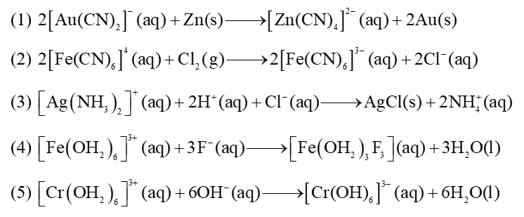 Cho các phản ứng sau:(1) (2) (3) (4) (5) Số phản ứng xảy ra sự thay thế phối tử trong phức chất là (ảnh 1)