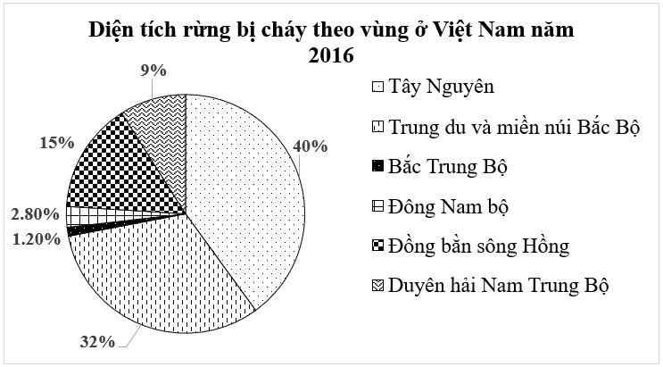 Diện tích rừng bị cháy phân theo vùng ở nước ta năm 2016 được cho trong biểu đồ quạt tròn sau:  Biết tổng diện tích rừng bị cháy năm 2016 ở nước ta là   495 h a .   Tính diện tích rừng bị cháy ở khu vực Tây Nguyên (Đơn vị: ha). (ảnh 1)