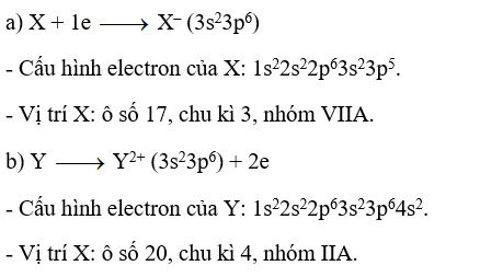 Anion X– và cation Y2+ đều có cấu hình electron lớp ngoài cùng là 3s23p6. Hãy xác định vị trí của các nguyên tố X, Y trong bảng tuần hoàn. (ảnh 1)