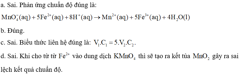 Chuẩn độ V1 mL dung dịch chứa muối Fe2+ nồng độ C1(M)  và dung dịch H2SO4  loãng, đựng trong bình tam giác bằng dung dịch (ảnh 1)
