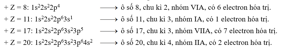 Câu 2:	Nêu vị trí trong bảng tuần hoàn của các nguyên tố có Z = 8; Z = 11; Z = 17 và Z = 20. Xác định số electron hóa trị của nguyên tử các nguyên tố đó. (ảnh 1)
