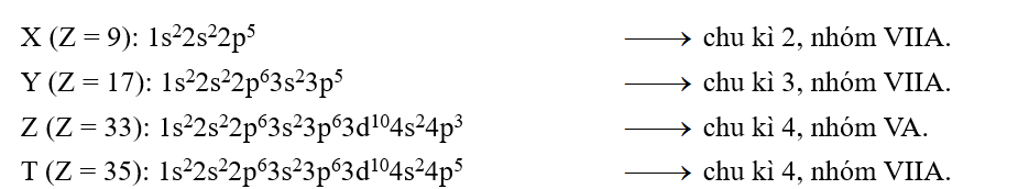 Câu 6: Cho các nguyên tố X, Y, Z và T với số hiệu nguyên tử lần lượt là 9, 17, 33 và 35. Hãy sắp xếp thứ tự tăng dần độ âm điện và giải thích (ảnh 1)