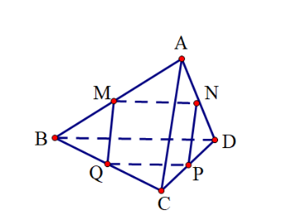 Cho tứ diện ABCD. Gọi M, N, P, Q lần lượt là trung điểm các cạnh AB, AD, CD, BC. Khẳng định nào sau đây sai? (ảnh 1)