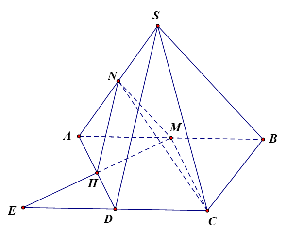 Cho hình chóp S.ABCD có đáy là hình thang AB // CD, AB = 2CD, M là trung điểm cạnh AB.a) AD // (NMC) với N là trung điểm của SA.b) (P) là mặt phẳng qua M và song song với hai đường thẳng SB, (ảnh 1)