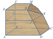 Một khối gỗ có các mặt đều là một phần của mặt phẳng với (ABCD) // (EFMH), CK // DH. Khối gỗ bị hỏng một góc như hình minh họa phía dưới. Bác thợ mộc muốn làm đẹp khối gỗ bằng cách cắt khối g (ảnh 2)