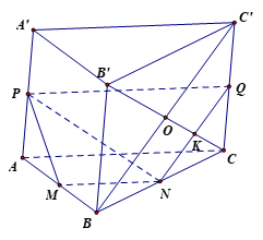 Cho hình lăng trụ ABC.A'B'C'. Gọi M, N, P lần lượt là trung điểm của AB, BC, AA' và K là giao điểm của B'C với mặt phẳng (MNP). Tính tỉ số \(\frac{{KB'}}{{KC}}\). (ảnh 1)