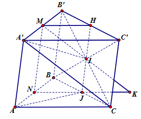 Cho hình lăng trụ tam giác ABC.A'B'C'. Gọi M, N lần lượt là trung điểm của A'B', AB và I là tâm của hình bình hành BCC'B'.a) Điểm N là hình chiếu song song của điểm M lên mặt phẳng (ABC) theo (ảnh 1)